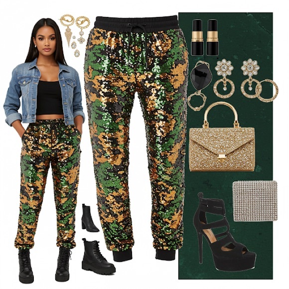 Fashion Nova Pants - Camo Sequin Jogger Pants - Green, black and Gold